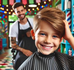 criança feliz ao cortar o cabelo