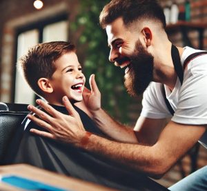 menino feliz cortando cabelo na barbearia infantil